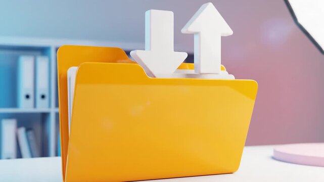 3 d yellow folder with animated upload and download arrows for data management concepts