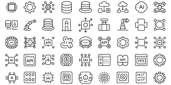Set of outline technology icons for artificial intelligence deep learning and computing data systems