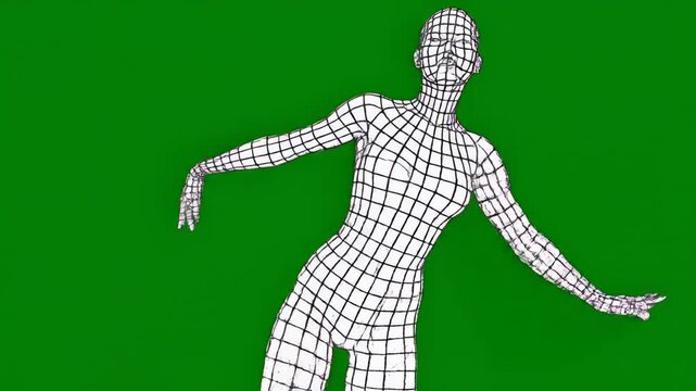 3 d wireframe human model dancing on green screen for motion and vfx projects character