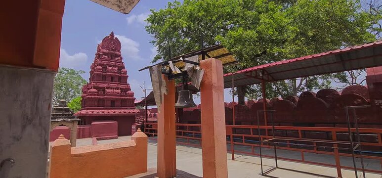 Traditional Red Shikhara Temple Top and Inner Courtyard Architecture of Bhartrihari Caves in Ujjain Madhya Pradesh