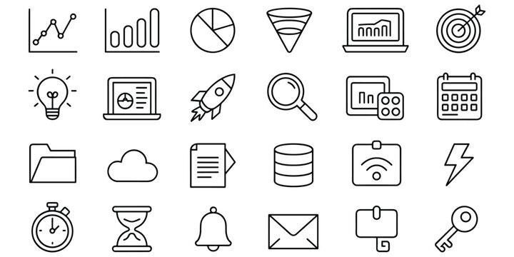 Set of outline business and marketing analysis icons for strategy development and corporate planning