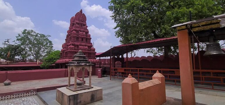 Traditional Red Shikhara Temple Top and Inner Courtyard Architecture of Bhartrihari Caves in Ujjain Madhya Pradesh