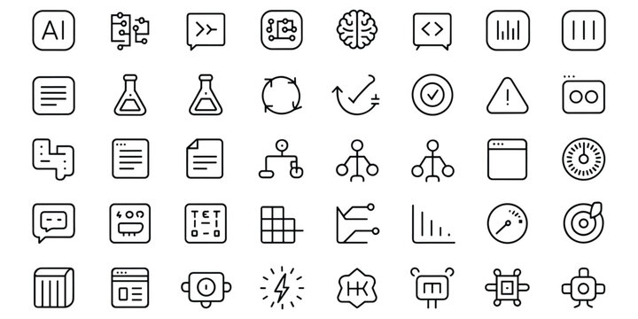 Technology and science icon set with AI, data, brain, and code symbols for digital innovation.