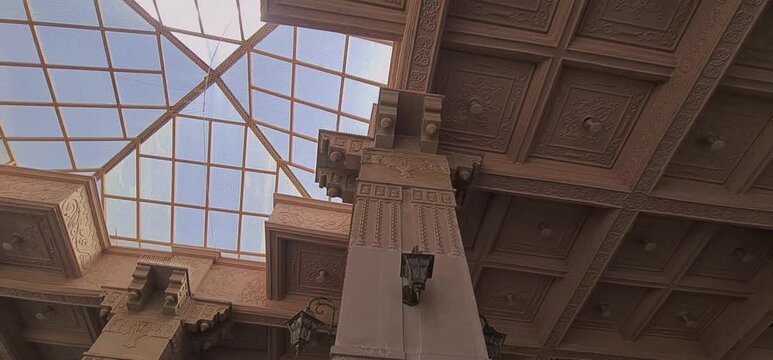 Low Angle View of Carved Sandstone Pillars and Modern Decorative Glass Fiber Roof Design at Mahakal Corridor Ujjain