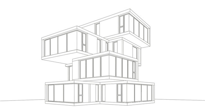 Conceptual Modern Architecture Wireframe Illustration of a Stacked Modular Building with Glass Walls and Minimalist Design