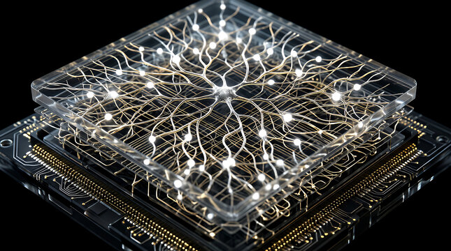 Neural network processor chip displays intricate glowing golden filaments branching through a transparent layered structure to represent advanced artificial intelligence and biological computing.