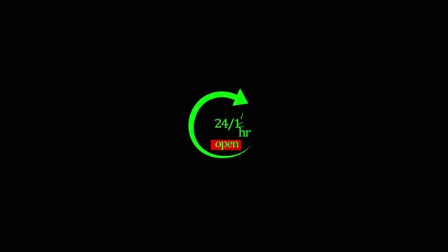 24 hour open sign with circular arrow graphic a green neon style