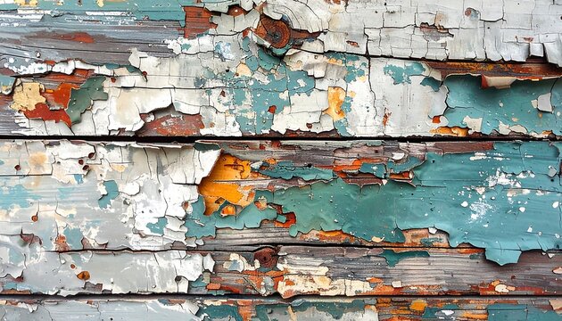 Close-up of weathered wooden planks showing peeling paint in various shades blue, orange, white, and brown. Textural beauty