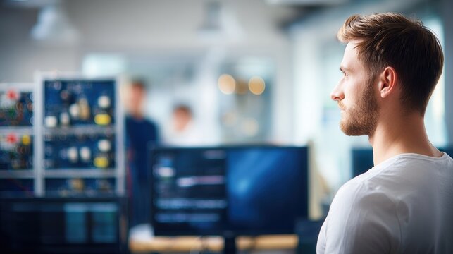 Male software architect contemplating ideas in a modern engineering lab with blurred background.