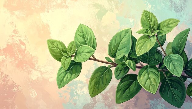 Close-up painted illustration of fresh green leaves on a slender brown stem, with a soft, blended background of pale hues