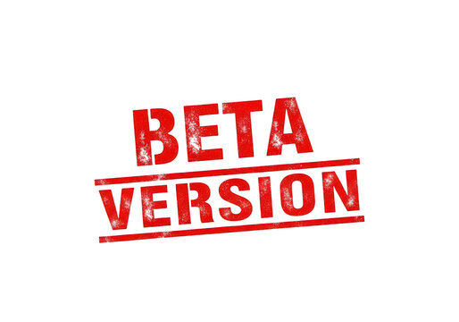 A weathered red rubber stamp featuring the text beta version in a bold, distressed font, conveying a sense of development and testing phases isolated on a transparent background