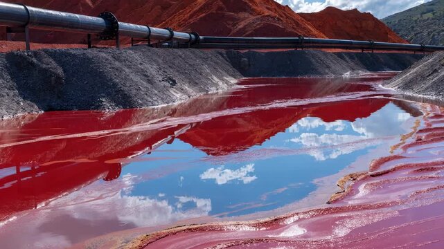 Medium shot of expansive red mud tailings ponds with fresh wet surfaces reflecting sunlight containment berms holding vibrant residue and active pipelines nearby