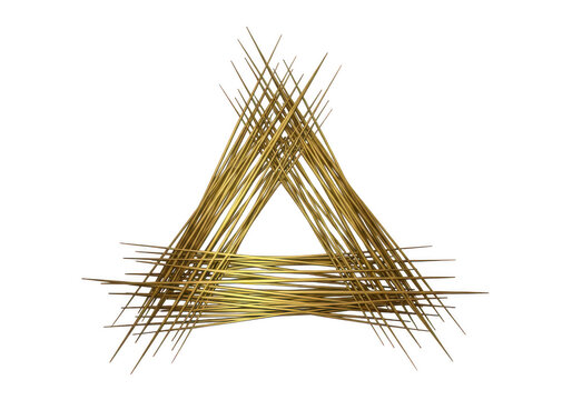 Abstract geometric sculpture made of thin golden rods arranged in a triangular pyramid shape, metallic texture, luxury decor, minimalist style isolated on a transparent background