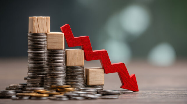 photograph of a financial cost reduction concept. Natural wood cubes spelling COST are arranged in a downward step sequence on piles of mixed silver and gold coins. A bold red arrow with a prominent 