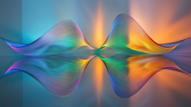 Optical interference grid laser diffraction wave patterns symmetrical rainbow spectrum flowing curves vibrant gradients abstract physics visualization science