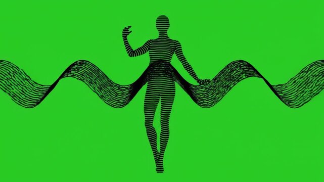 Abstract 3 d striped female silhouette dancing with flowing wave motion on green screen