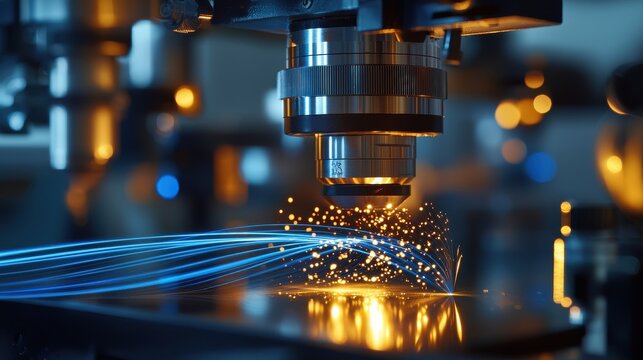 Laser coherence length precision industrial manufacturing process metal surface blue golden light beams sparks optical technology advanced engineering equipment