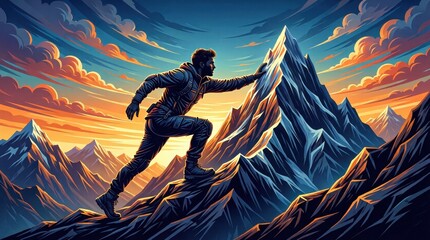 Fototapeta premium Man climbing rocky mountain ridge during sunrise outdoors