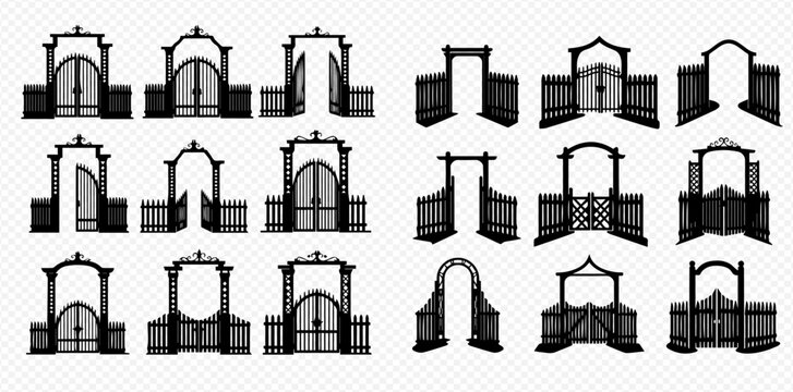 Set of black silhouette gates and arches, open and closed, isolated on transparent background.