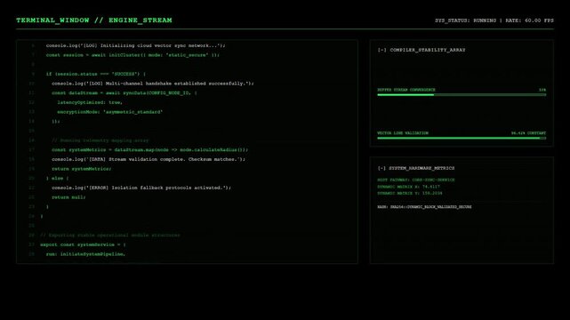 Sci fi terminal window UI screen showing green software development engine stream code and compiler stability progress bars.
