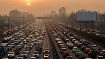 Fototapeta premium Heavy rush hour traffic congestion stretching for miles on a multi-lane urban highway under a hazy sunset sky, depicting modern city life challenges