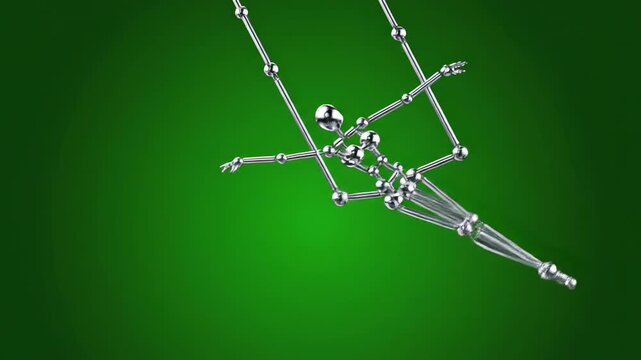 Abstract chrome mannequin performing aerial trapeze act on green screen background