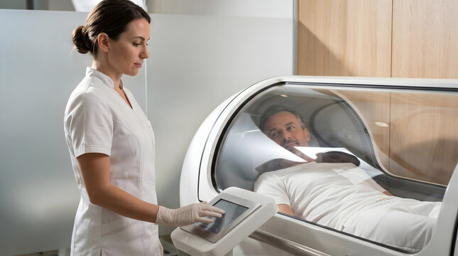 Professional female technician operating hyperbaric oxygen therapy chamber with mature male patient in luxury longevity wellness clinic