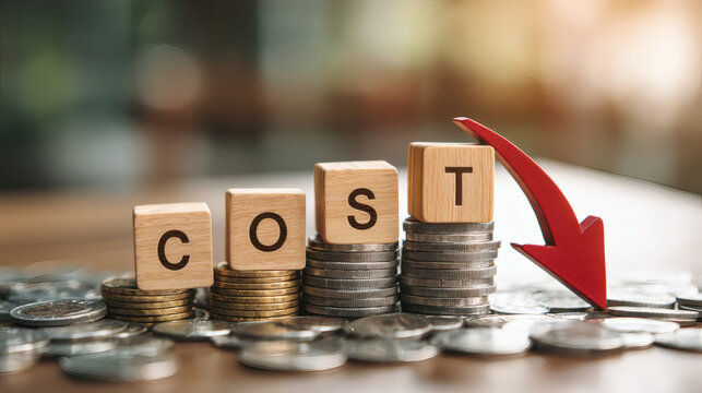 detailed studio photograph showing four wooden blocks spelling COST arranged on descending stacks of silver and gold coins. A curved red downward arrow arcs from left to right above the blocks, 