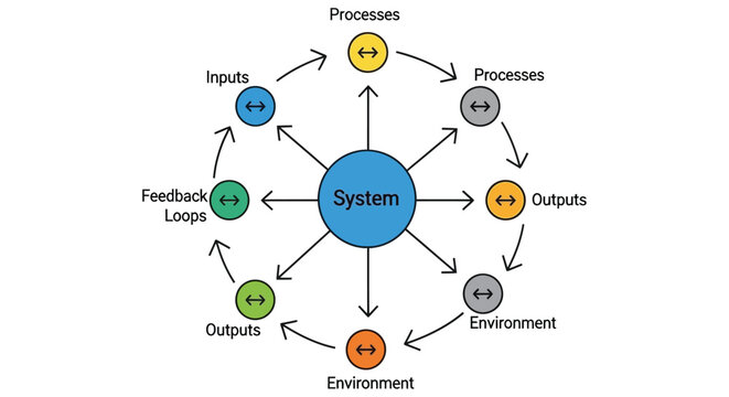System diagram illustrating inputs outputs processes and feedback loops