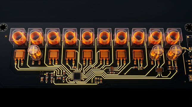 Circuit board assembly displays a series of glowing orange vacuum tube components that are mounted on a black printed base with intricate gold wiring paths for high fidelity audio signal processing.