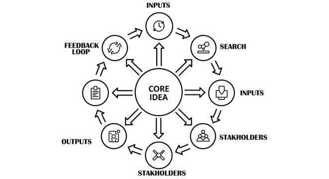 Diagram illustrating a core idea with inputs outputs and stakeholder interactions