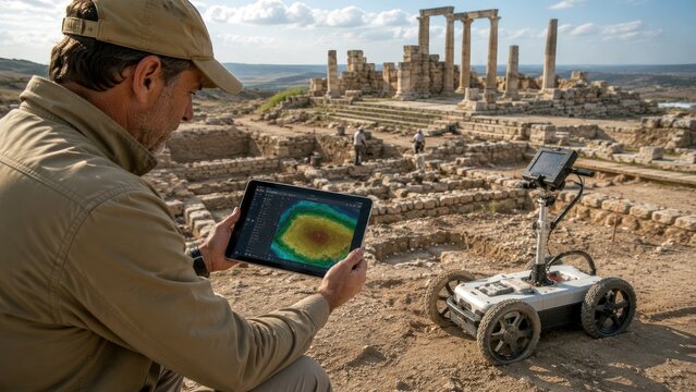 Field archaeologist uses a tablet to operate a ground-penetrating radar rover at ancient temple ruins during a geophysical survey