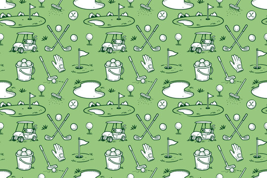 Golf seamless pattern with cart, clubs, course flags, golf balls, glove and putting green illustrations