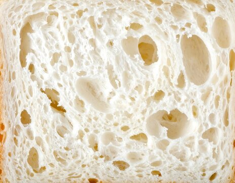 Close-up view of a thick bread slice, revealing a soft, airy interior filled with irregular holes. The crust is not visible