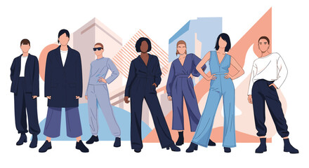 Obraz premium Group of diverse fashionably dressed people standing confidently in front of stylized urban buildings and abstract shapes.