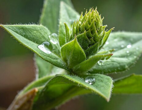 Close-up view reveals a newly formed flower bud and vibrant green leaves, glistening with water droplets against a blurred backdrop