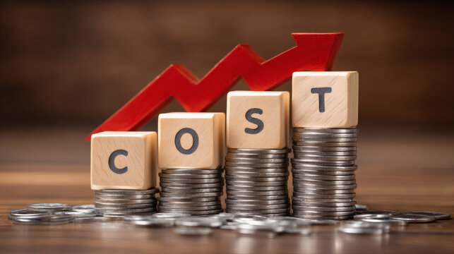 sharp studio photograph showing four wooden blocks spelling COST arranged in descending order on stacks of coins. A dramatic red downward arrow arcs above the blocks, symbolizing reduced expenses, 