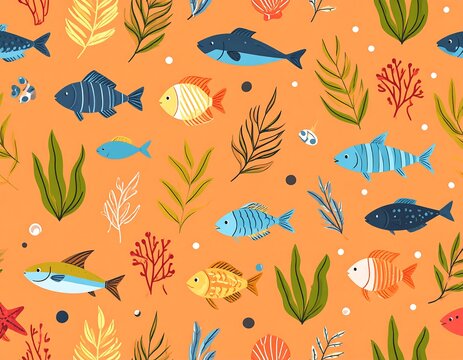 Colorful cartoon illustration featuring various fish, coral, seaweed, and shells, all scattered across an orange background