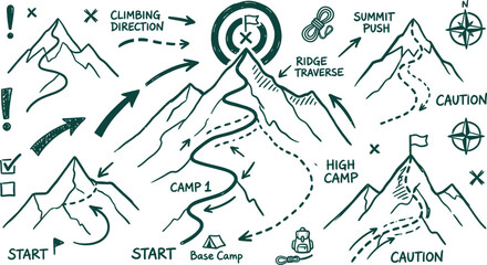 Hiking mountain expedition line marks portfolio representing summit target circles climbing direction arrows trail emphasis symbols adventure annotation graphics © ArtFlex