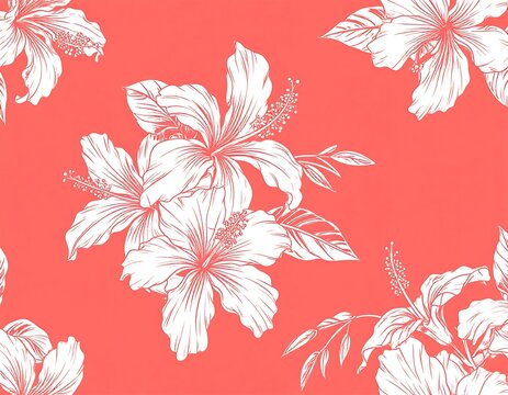 Coral background with repeating white floral illustration pattern featuring intricate detailed tropical flowers and leafy stems