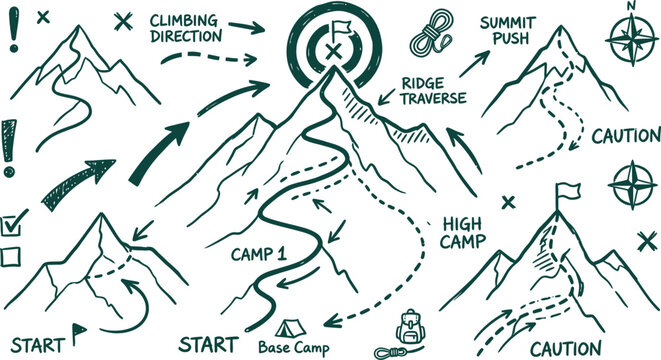 Hiking mountain expedition line marks portfolio representing summit target circles climbing direction arrows trail emphasis symbols adventure annotation graphics