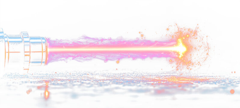 A metallic device emits a vibrant, purple beam that culminates in an explosive orange burst, set against a dark background