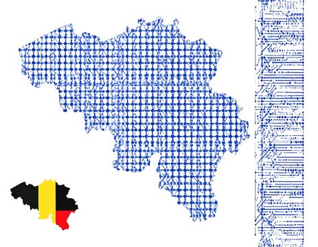 Digital grid design shapes a landmass outline, accompanied by a small illustrative emblem of the same geographical area