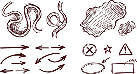 Geography river meander tracing line options showcasing watershed highlights stream direction arrows geographic observation emphasis elements drawing stroke vector © ArtFlex