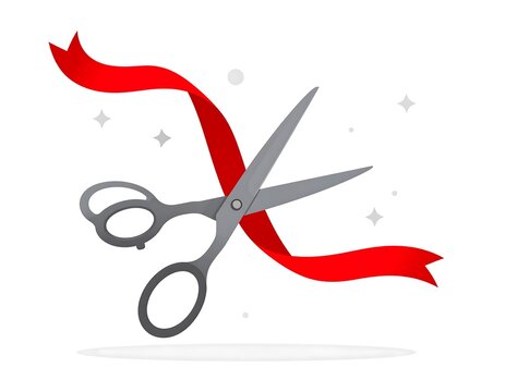 Illustration of metallic scissors cutting through a vibrant red ribbon with floating star elements in a minimalist, flat design