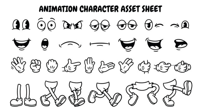 Cartoon character animation asset sheet with facial expressions and body parts