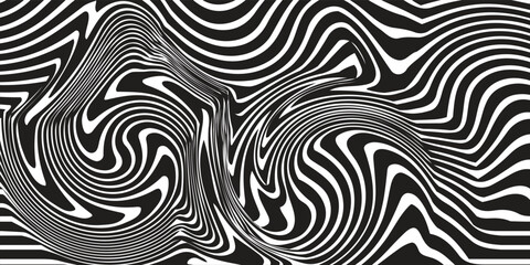 Obraz premium Abstract black and white wavy lines background. Optical illusion hypnotic pattern with distorted zebra stripes. Vector texture.