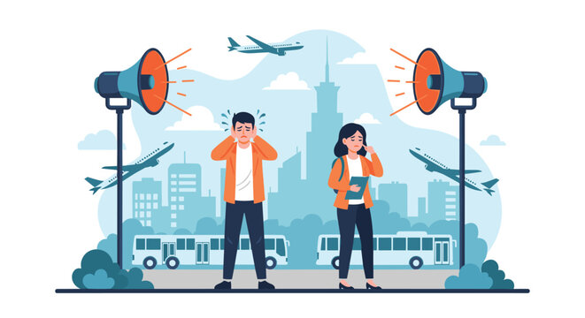 People covering their ears to block out loud urban noise pollution from airplanes buses and street loudspeakers.