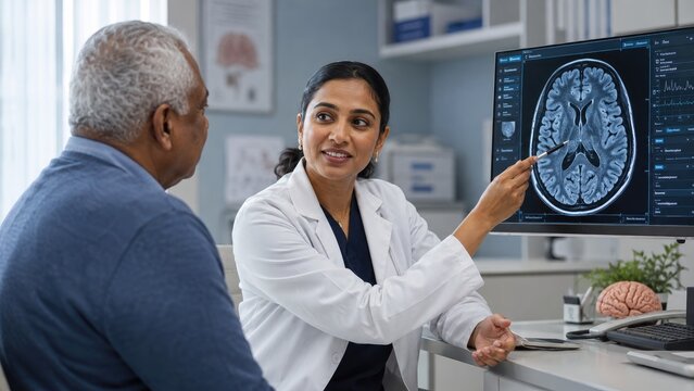 Female doctor explains a brain MRI on a monitor to an older male patient during a clinic consultation