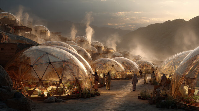 Golden light bathes transparent dome structures
